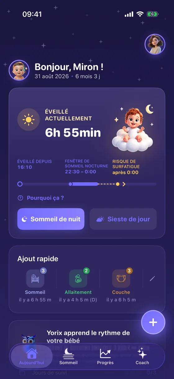 Écran « Aujourd’hui » de Yorix avec la fenêtre de sommeil de nuit
