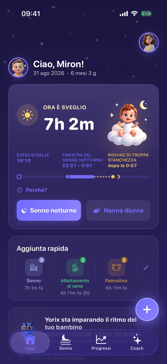 Schermata «Oggi» di Yorix con la finestra del sonno notturno