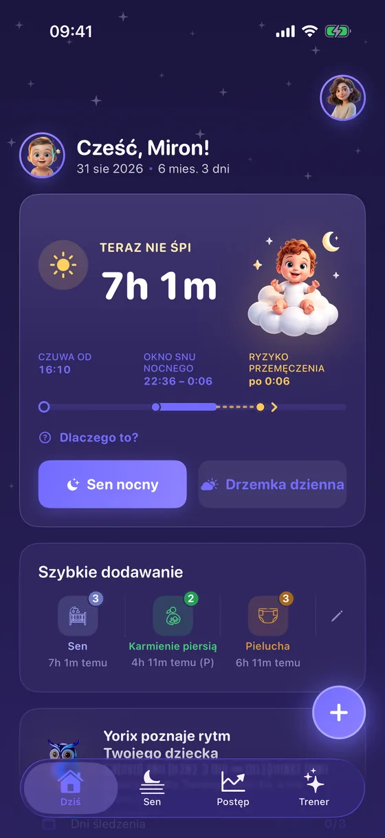 Ekran „Dziś” w aplikacji Yorix z oknem snu nocnego