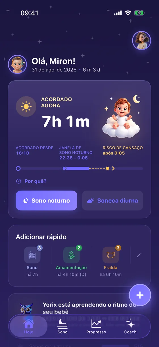 Ecrã «Hoje» do Yorix com a janela de sono noturno